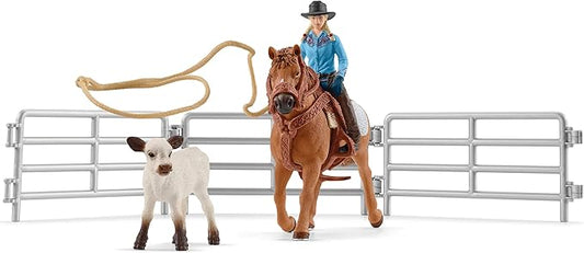 Schleich Farm World Rodeo Roping Playset - Cowgirl Rodeo Rider Figurine with Cow, Pen, and Rope, Realistic Western Rodeo Farm Toys and Accessories, 9-Piece Kids Toy for Boys and Girls