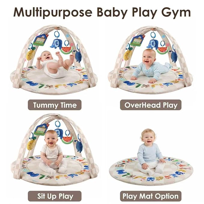 Baby Play Gym & Activity Mat with Light-up Musical Arch, Tummy Time Mat with 6 Detachable Sensory Toys for Motor Skills & Sensory Development, Baby Essentials Shower Gift - ABC123