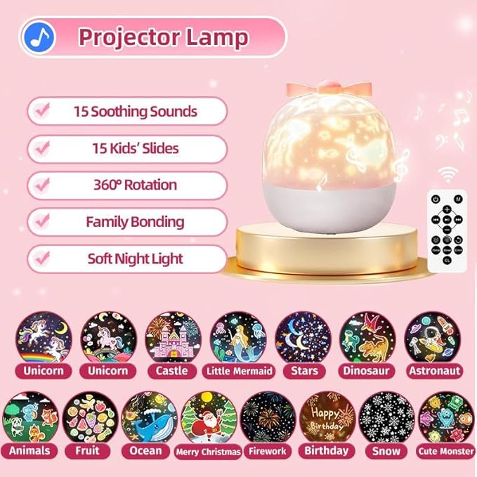 PIKOY Unicorn Toys for Girls Gifts, 15 Films+15 Lullaby Sound Machine for Kids Night Light Projector, Remote+Rechargeable Night Light for Kids Gifts, 360 °Rotation Princess Mermaid Toddler Girl Toys