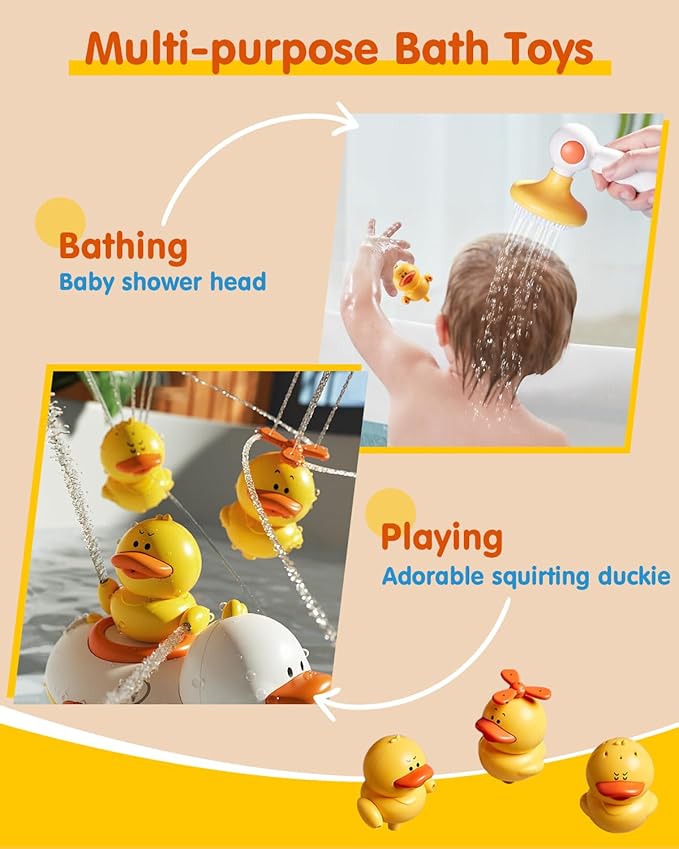 Duckie Baby Bath Toys, Baby Bath Shower Head for Bathtub with Three Squirting Ducks, Birthday Gift for Toddler Boys Girls