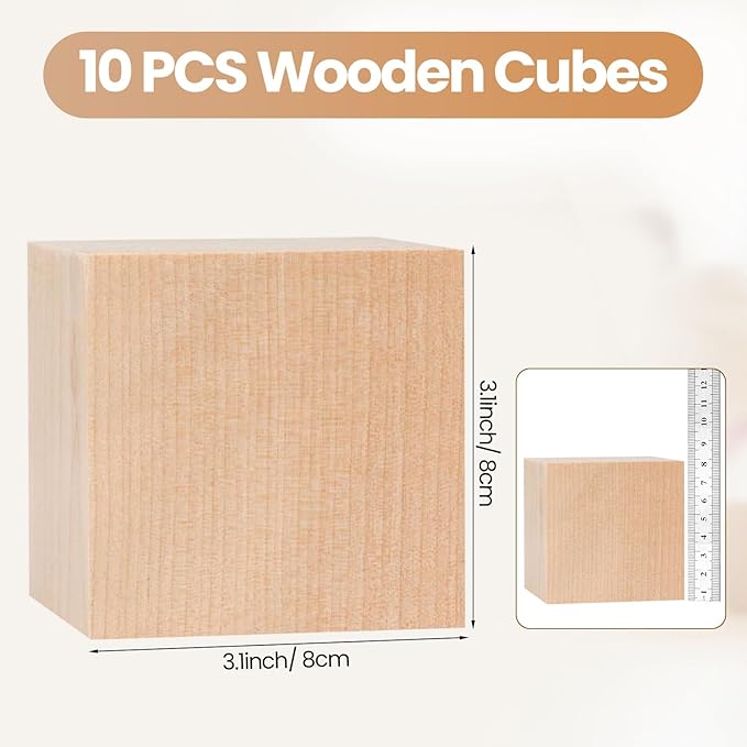 Barydat 10 Pcs 3.15 in Wooden Cubes, Unfinished Wooden Blocks for Crafting Natural Craft Wood Square Blank Cube for DIY Project Baby Showers