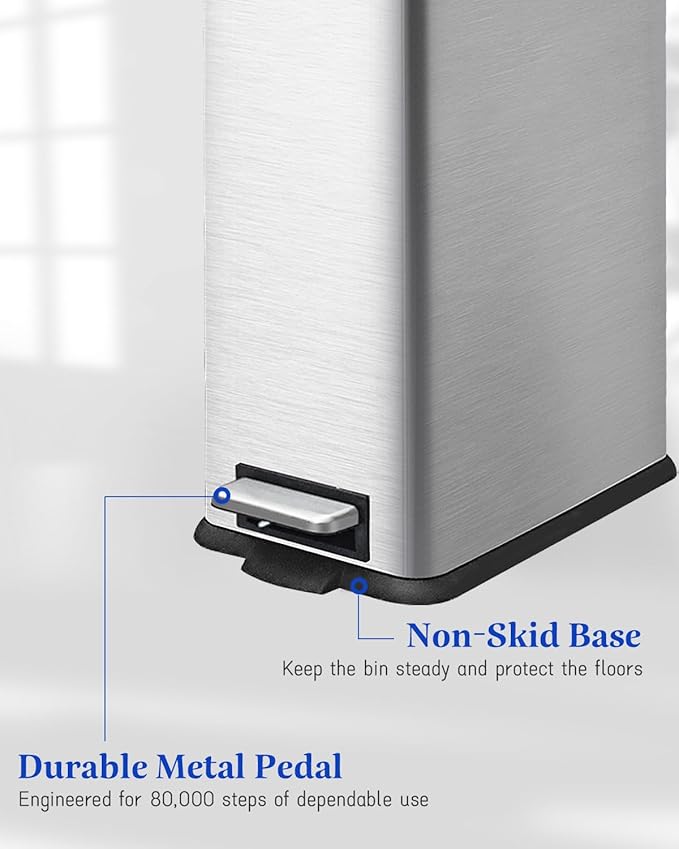 Rubbish Bin with Lid, 10 L, Stainless Steel Waste Bin, Bathroom, Pedal Bin, Stainless Steel for Bathroom, Bedroom and Office