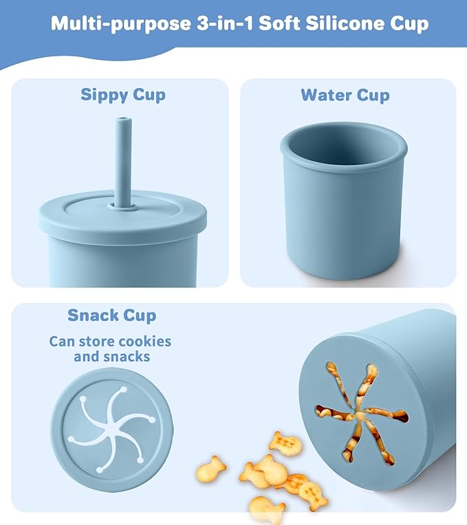 Silicone Baby Feeding Set, 10 Pcs Baby Led Weaning Supplies Baby Eating Essentials Set with Suction Bowl Divided Plate Adjustable Bib Soft Spoon Fork Cup with Lid Drinking Cup, Travel Bag (Blue)