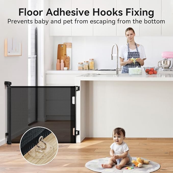 COMOMY Retractable Baby Gate for Stairs, 0-55" Mesh Dog Gate for House Doorways Hallways, 33" Tall Extra Wide Child Safety Gate for Kids Pets, Indoor and Outdoor (Black)