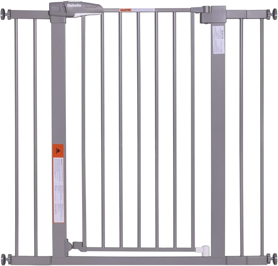 BABELIO 36" Tall Baby Gate, 26-40" Wide Auto Close Pet Gate, PressGuard C5 Pressure Mounted Metal Dog Gate, Easy-Install No Drilling, No Tools Needed, with Wall Protectors and Extension Kits, Gray