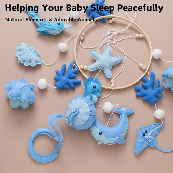 GOODMOM Ocean Nursery Mobile for Boys & Girls | Handmade Baby Crib Mobile with Seahorse, Jellyfish, and More | Sea Theme Crib Accessories|Easy Assembly Sturdy Structure (BlueWave)