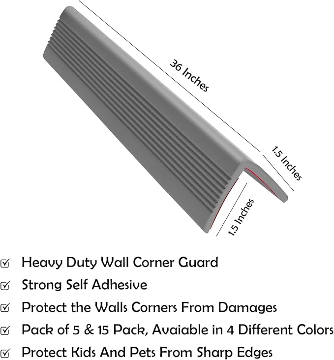 Rubber Bond Wall Corner Guard Edge Protector, Baby Proofing Corner Guards | Self-Adhesive Furniture Edge Strips for Home & Office (Grey, 15 Pack)
