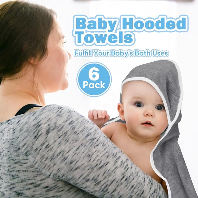 Orighty Baby Hooded Towel 6 Pack, 30 x 30 Inch Super Soft Bath Towel with Hood for Babies, Infant, Newborn Essential - Ideal Baby Stuff Registry Gift for Boys and Girls (Grey)