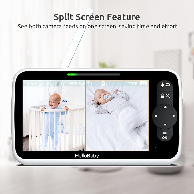 HelloBaby Video Baby Monitor with Upgraded 6” IPS Large Screen, Split Screen with 2 Cameras, Night Vision and Temprature Monitoring, Remote Pan-Tilt-Zoom Camera, No-WiFi