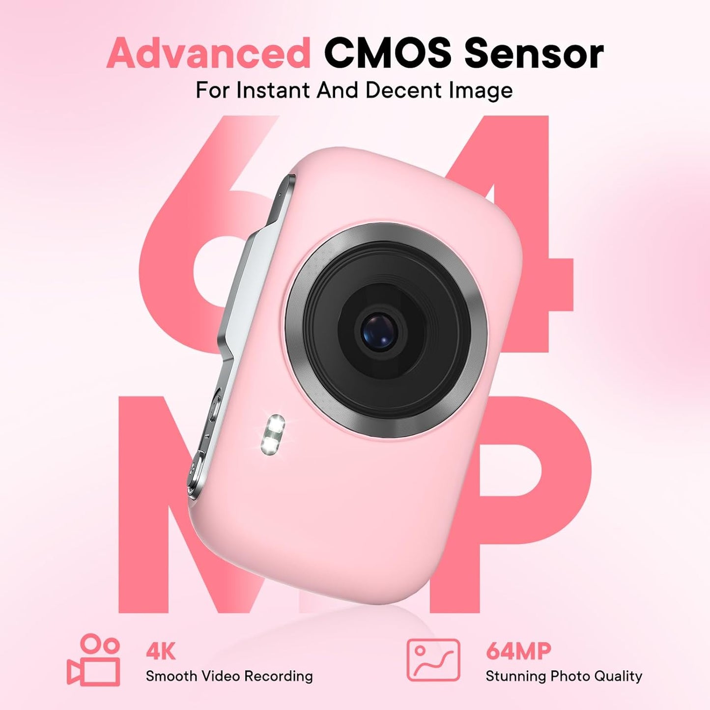 Digital Camera 4K 64MP - Vlogging Camera for Kids & Beginners | 18X Zoom Point and Shoot Camera Anti Shake, Compact with Flash, Gift for Boys Girls(Pink+Silver)
