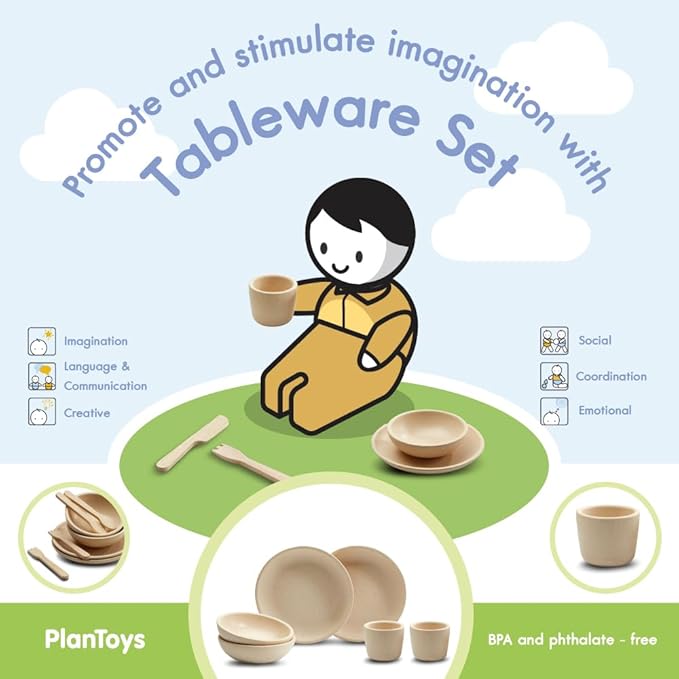 PlanToys® Pretend Play Wooden Tableware Set for Kids | 16-Piece Montessori Kitchen Toy Set with Plates, Cups, Bowls & Utensils | Eco-Friendly, Non-Toxic Toy for Toddlers & Preschoolers