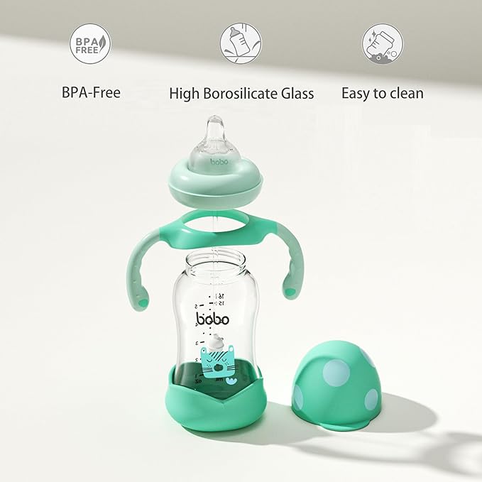 YOHKOH Natural Glass Baby Bottle with Natural Response Nipple, Wide Neck Baby Bottles with Handle, Newborn Anti-Colic Baby Bottles Gift Set, Clear (5.4oz (Pack of 4), Blue)