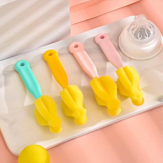8PCS Bottle Brush Sponge Nipple Brushes Long Handle Cup Cleaner Brush for Baby Bottle Glasswares Mugs Cups Kitchen Clean (4 Bottle Brushes + 4 Nipple Brushes)