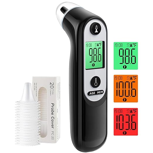 Ear Thermometer for Kids, Babies and Adults, 1 Second Accurate Digital Thermometer, Mute Function, 3-Color Fever Alert, 3 Age Groups, 30 Memory Recall with 20x Probe Covers (Dark Black)
