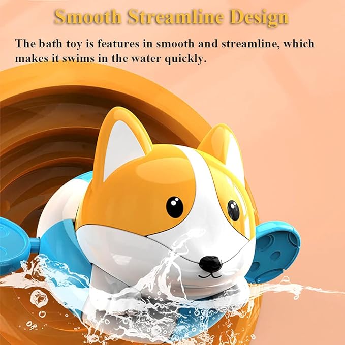 Bath Toy Pull String Corgi Bathtub Toy Windup Swimming Corgi Rowing Puppy Floating Water Toy for Boys and Girls (Orange)