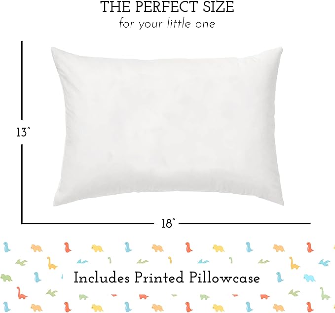 Little Sleepy Head Toddler Pillow with Pillowcase 13x18 - Kids Pillow for Sleeping - Better Neck Support Ergonomic Pillow and Toddler Pillowcase - Best Pillows for Kids (Little Dinos)