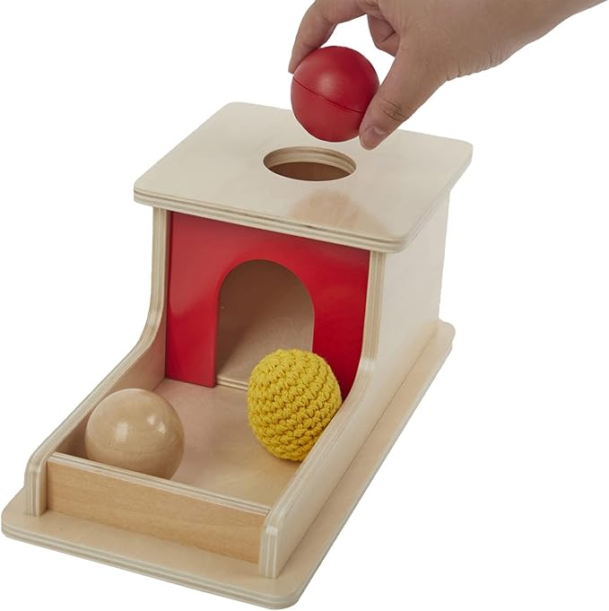 Object Permanence Box with Tray Three Balls for 6-12 Months Babies (Wood+Plastic+Knit Ball)