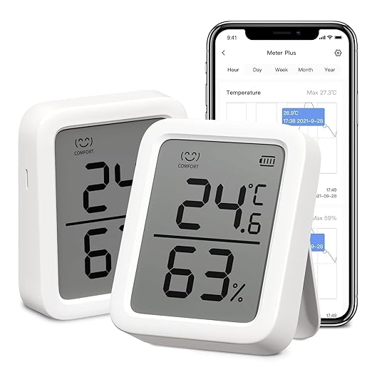 SwitchBot Thermometer Hygrometer, Bluetooth Indoor Humidity Meter and Temperature Sensor with App Control, Large LCD Display, Notification Alerts, Data Storage Export, Remote Monitor for Home (2 Pack)