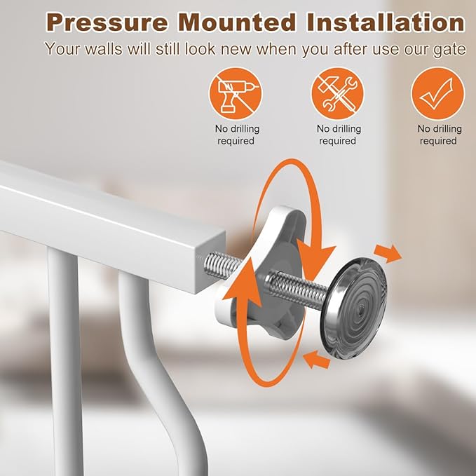 29.5-43.7" Wide Baby Gate for Stairs No Drilling, 30" Tall Metal Pet Baby Safety Gates with Expansion Kit, Press Mounted Dog Gate Indoor for Kids, Walk Through Dog Gates for Doorways, White