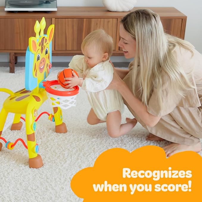 Move2Play, Giraffe Basketball Hoop & Soccer Goal Activity Center | 30+ Sounds & Songs + 5 Lights | 1 2 3 Year Old Birthday Gift for Boys and Girls | Toy for Baby & Toddlers (Yellow)