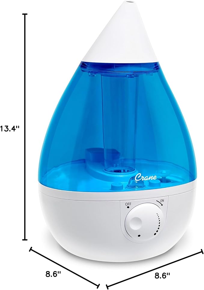 Crane Ultrasonic Cool Mist Teardrop Humidifier for Baby Nursery, Bedroom, Office, Large Room, Adjustable Humidity, Auto Shut-Off, Easy Clean Blue & White 1 Gallon