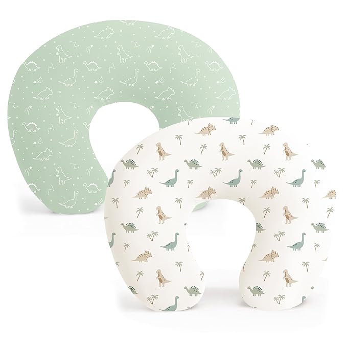 Konssy 2 Pack Nursing Pillow Covers, Stretchy and Soft Nursing Cover for Breastfeeding Pillows, Pillow Slipcover for Baby Girls Boys Newborn (Dino Jungle, Sage)