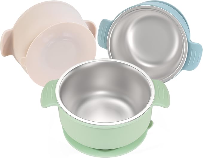 Bella's Friends Stainless Steel and Silicone Baby Bowls with Suction 3 Pack, 4.3” for Toddlers Kids Feeding, Non-Slip, Non-Toxic, Mess-Free, Dishwasher Safe, Fit High Chair Size, beige green blue