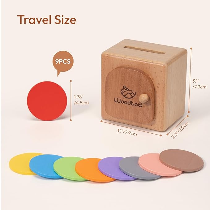 Woodtoe Montessori Coin Box for Toddlers, Montessori Toys for 1 2 3 Year Old, Fine Motor Skills Toys, Wooden Color Sorting Sensory Toy, Object Permanence Learning Matching Travel Game for Boys Girls