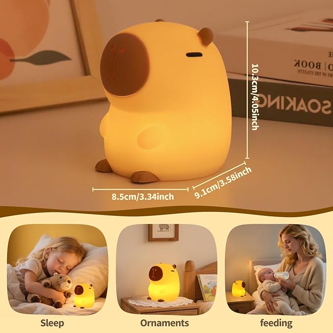 Capybara Night Light, Cute Squishy Silicone Night Light for Kids, Long-Lasting Rechargeable, Tap to Adjust Brightness, Safe Capybara Gifts for Bedroom Nursery, Capybara Lamp