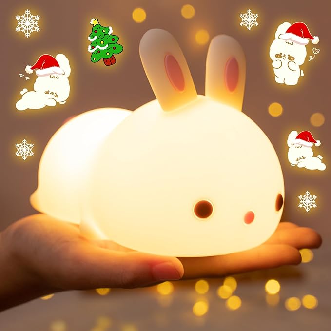One Fire Bunny Christmas Night Light for Kids, 16 Colors Cute Lamp, Soft Silicone Baby Night Light, 1200mAh Portable Dimmable Touch Lamps, Kawaii Room Decor Stuff, Gifts for Christmas|Halloween|Easter