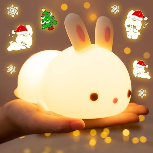 One Fire Bunny Christmas Night Light for Kids, 16 Colors Cute Lamp, Soft Silicone Baby Night Light, 1200mAh Portable Dimmable Touch Lamps, Kawaii Room Decor Stuff, Gifts for Christmas|Halloween|Easter