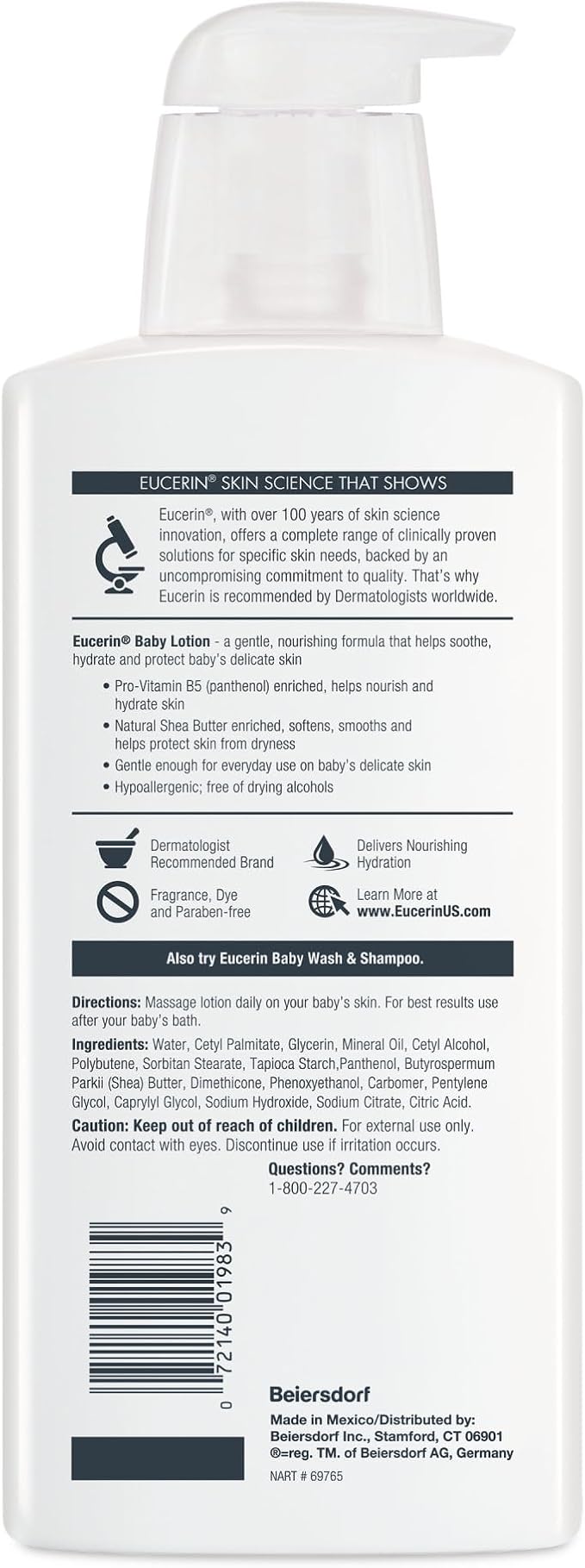 Eucerin Baby Body Lotion, Hypoallergenic and Fragrance Free Baby Lotion with Pro-Vitamin B5 and Shea Butter, 13.5 Fl Oz Bottle