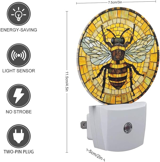 Round LED Night Lights Lamp with Dusk to Dawn Sensor, 3D Circular Stained Glass with Bumblebee Night Light Plug Into Wall for Kids Room, Bedroom, Bathroom, Kitchen, Hallway