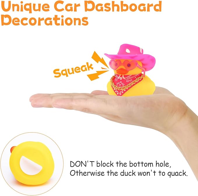 Quackly Pink Cowboy Rubber Duck, Car Dashboard Decoration Ducks with Cowboy Hat Necklace Sunglasses, Pink