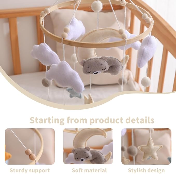 GOODMOM Sleeping Bear Baby Crib Mobile Handmade Soothing Bedtime Baby Mobile for Crib Felt Night Mood Nursery Decor for Baby Boy&Girl Easy Assembly & Durable Newborn Gift (Moon Bear)