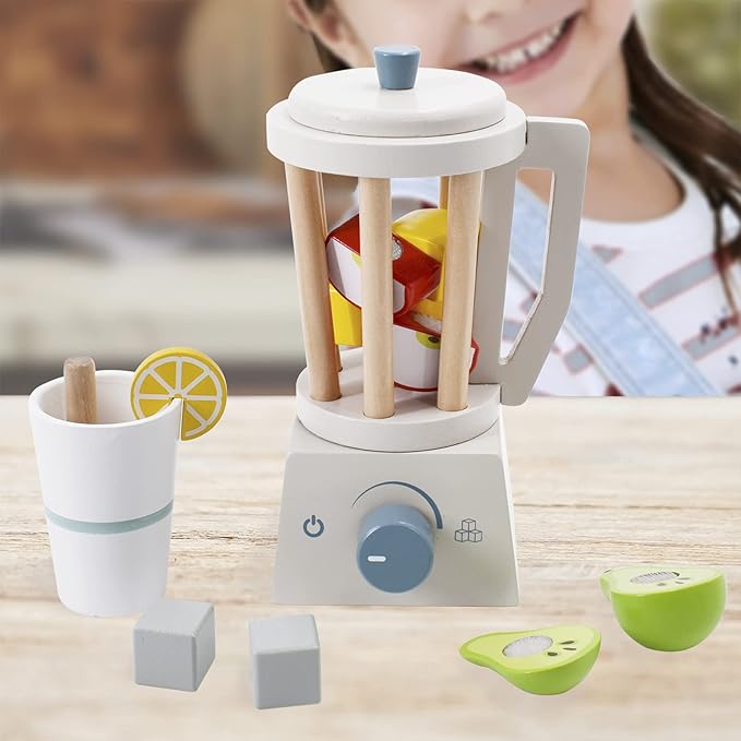 PairPear Wooden Smoothie Blender Toy – 14 Piece Kids Kitchen Accessories Set with Cup, Ice Cubes & Fruit – Pretend Play Juice Maker for Boys & Girls Ages 3+