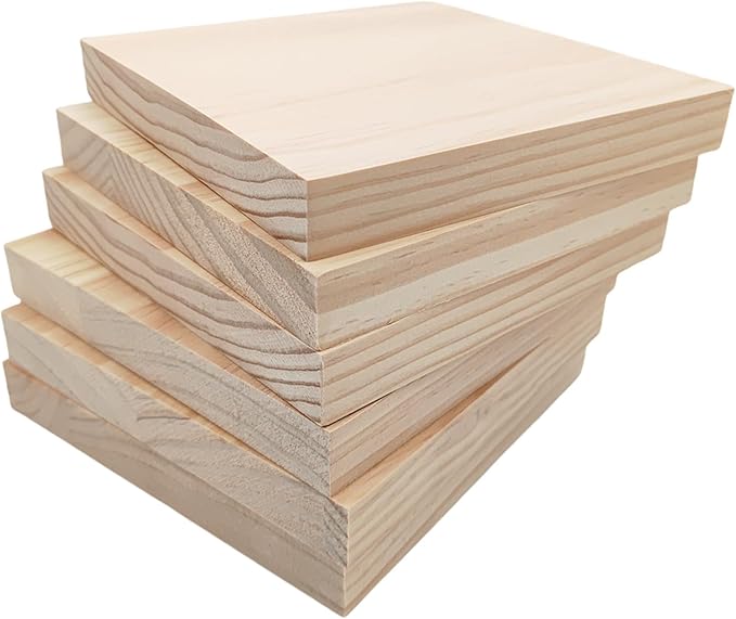 6PCS Unfinished Wood Square Blocks for Crafts, 6x6x0.8in Blank Wooden Squares Pine Wood Boards for Wood Carving,DIY Wood Coasters,Painting & Burning