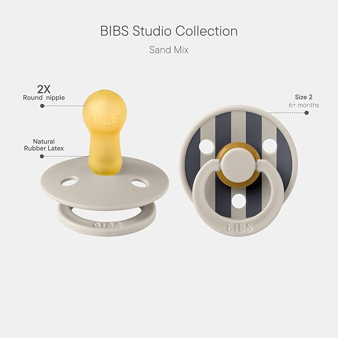 BIBS Pacifiers - Studio 2 Pack | Round Nipple Baby Pacifier | BPA Free Natural Rubber Latex Soother | Made in Denmark | Size 6+ Months | Block Sand