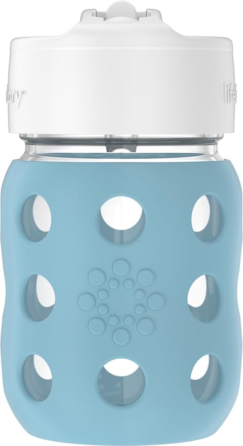 Lifefactory 8-Ounce Wide Neck Glass Baby Bottle with Protective Silicone Sleeve and Pivot Straw Cap, Denim (LG2241WDE4)