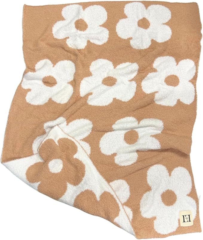 Retro Daisy Flower Baby Blanket 28"x40" - DreamSoft Throw for Crib, Stroller or Car Seat - Soft Receiving Blanket/Newborn Nursery Gift Essential for Toddler, Infant, Kids, Boys & Girls (Cafe/White)