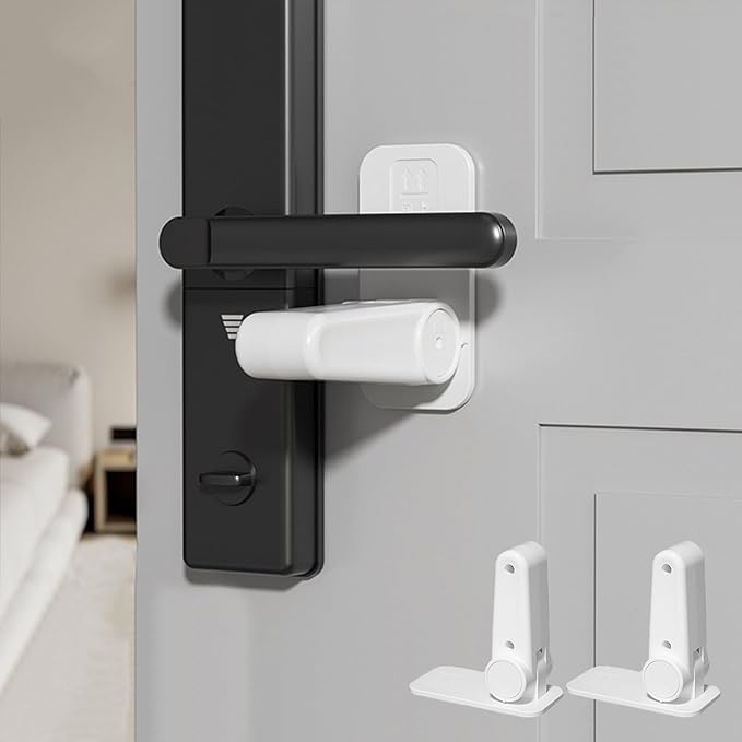 Door Lever Lock (2 Pack) - Prevents Toddlers from Opening Doors, 3M Adhesive, Durable ABS Door Handle Baby Proof - Easy One Hand Operation for Adults(White)