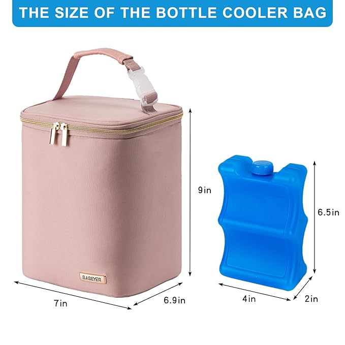 Breast Milk Cooler Bag with Ice Pack Fits 4 Baby Bottles Up to 9 Ounce, Baby Bottle Bag for Nursing Mom Daycare, Pink