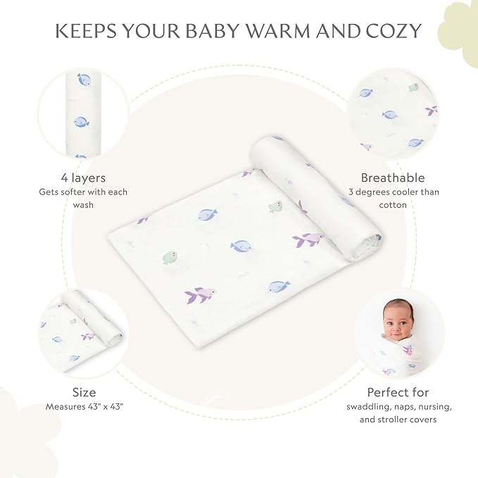 Muslin Baby Swaddle - Breathable Receiving Blankets for Newborn Baby, 70% Viscose derived from Bamboo, 30% Spandex, Imported
