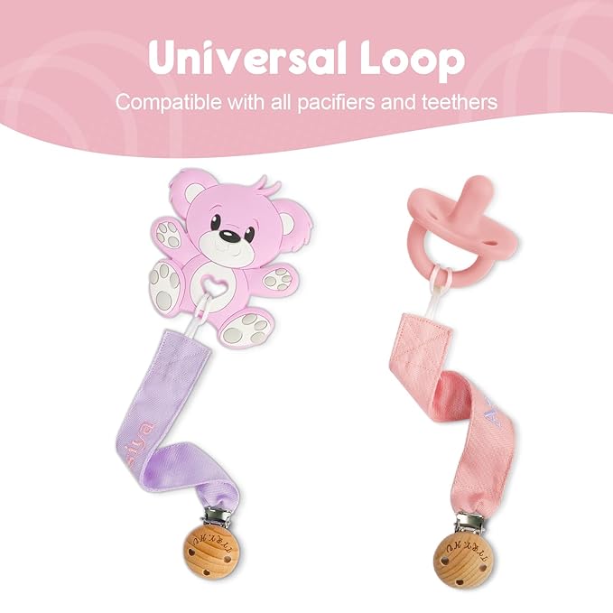 TYRY.HU Personalized Pacifier Clip with Name, Embroidery Pacifier Holder for Baby Girls and Boys, Neutral Binky Clips Universally Fit All Pacifiers & Baby Toys, Baby Gift, 2 Pack(Pink,Purple)