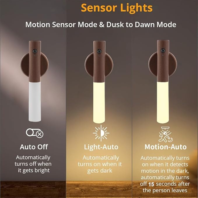 LANDGOO LED Nursery Night Light, Body Motion Sensor Nursing Lamp, Rechargeable Battery Powered Magnetic 360° Portable Lighting for Bedroom Bathroom, Walnut Wood 2Pcs