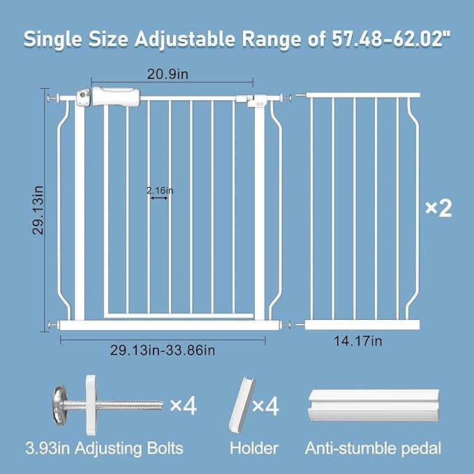 ALLAIBB Extra Wide Pressure Mount Baby Gate Auto Close White Metal Child Dog Pet Safety Gates with Walk Through for Stairs,Doorways,Kitchen and Living Room Suit for 57.48-62.20inch