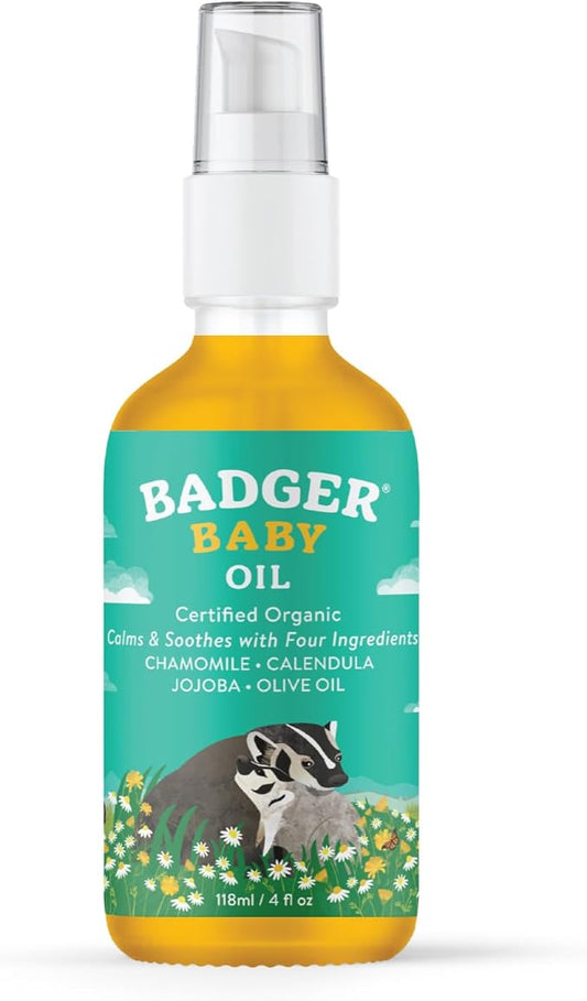 Badger Baby Oil, 100% Organic Ingredients to Soften & Moisturize Dry Skin or Cradle Cap, Soothing Vegan Organic Baby Oil, 4 fl oz Glass Bottle