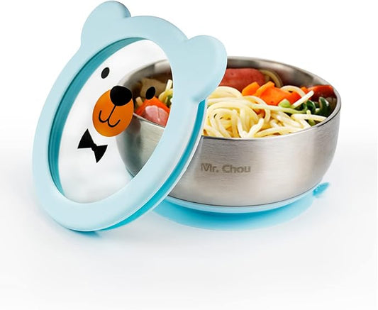 MR. CHOU Baby Bowls with Non-Slip Silicone Suction Cup, Insulated Double-Layer 304 Stainless Steel Toddler Bowls with BPA Free Airtight Lids, Food-Grade Silicone Safe for Kids (Blue)