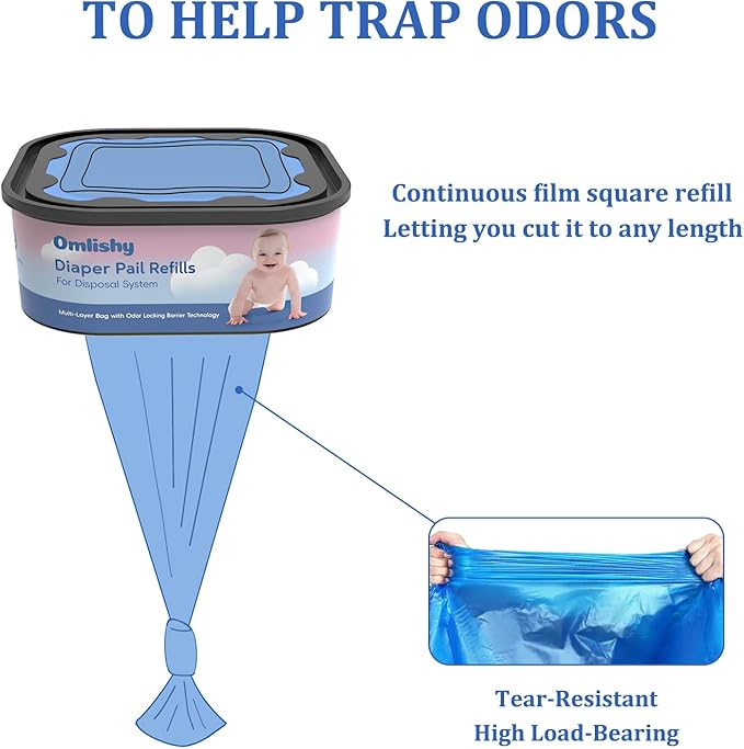 Jumbo Square Bags Refill Compatible with Diaper Genie Compact, Select Pails (Not Fit Classic), Max Odor Control, Disposal Bag Refills with Continuous Film, Holds Up to 810 Newborn Diapers, 4 Pack