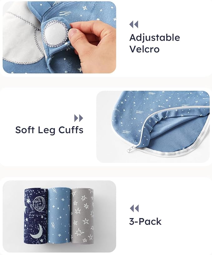 Baby Swaddles for Newborns with Zipper, 100% Cotton Newborn Swaddle Sack, 3 Pack Baby Swaddles 3-6 Months Swaddle Sleep Sack for Newborn Baby Boy Girl Blue Planet